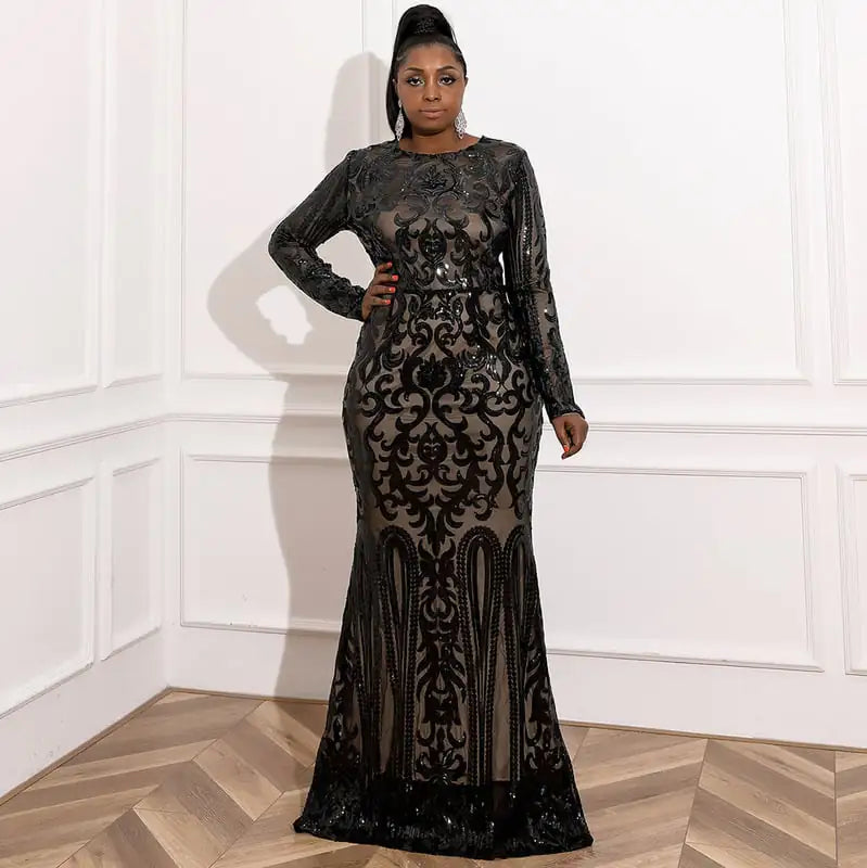 Plus Size Women's Round-Neck Sequined Evening Dress