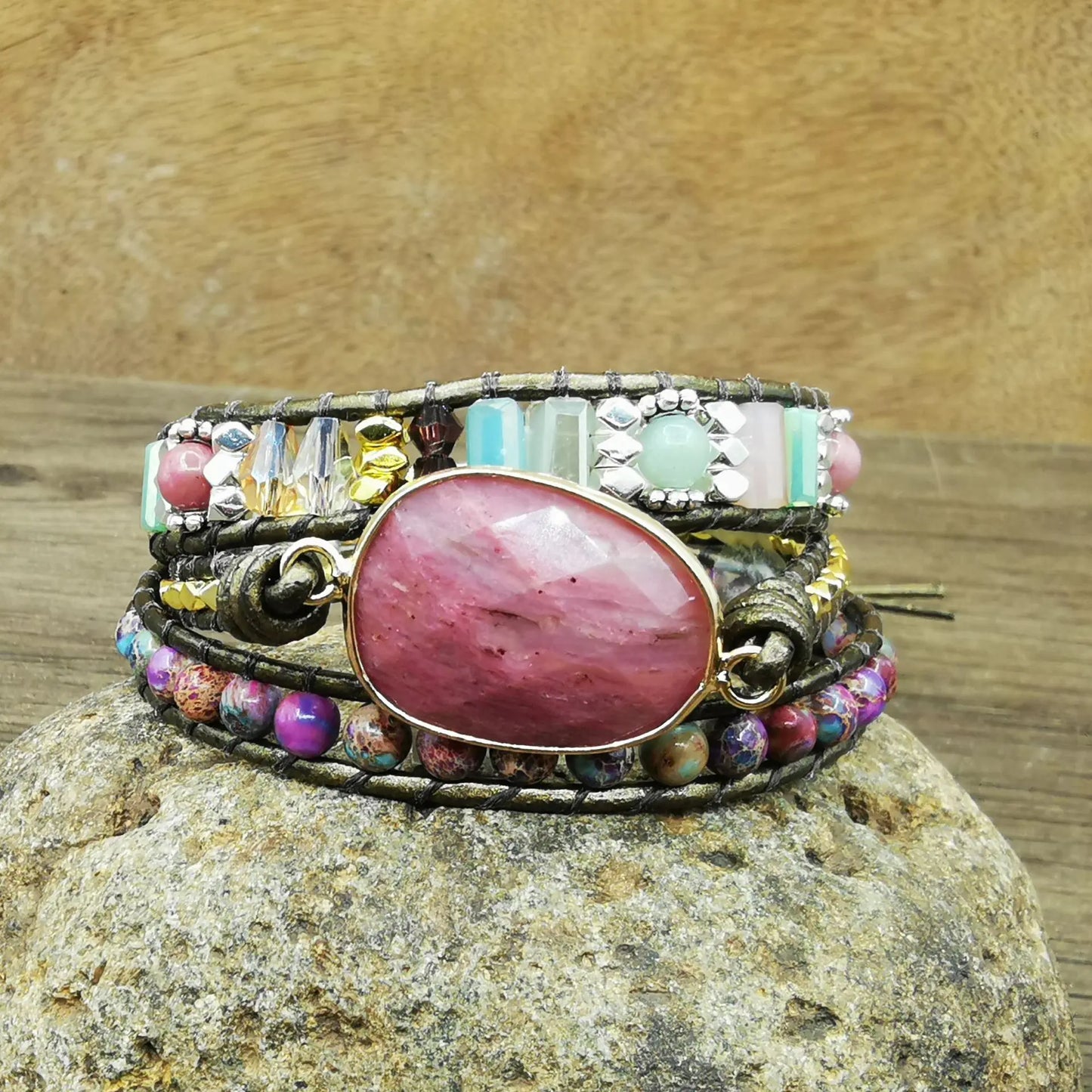Natural Red Stripe Stone Handmade Women's Bracelet