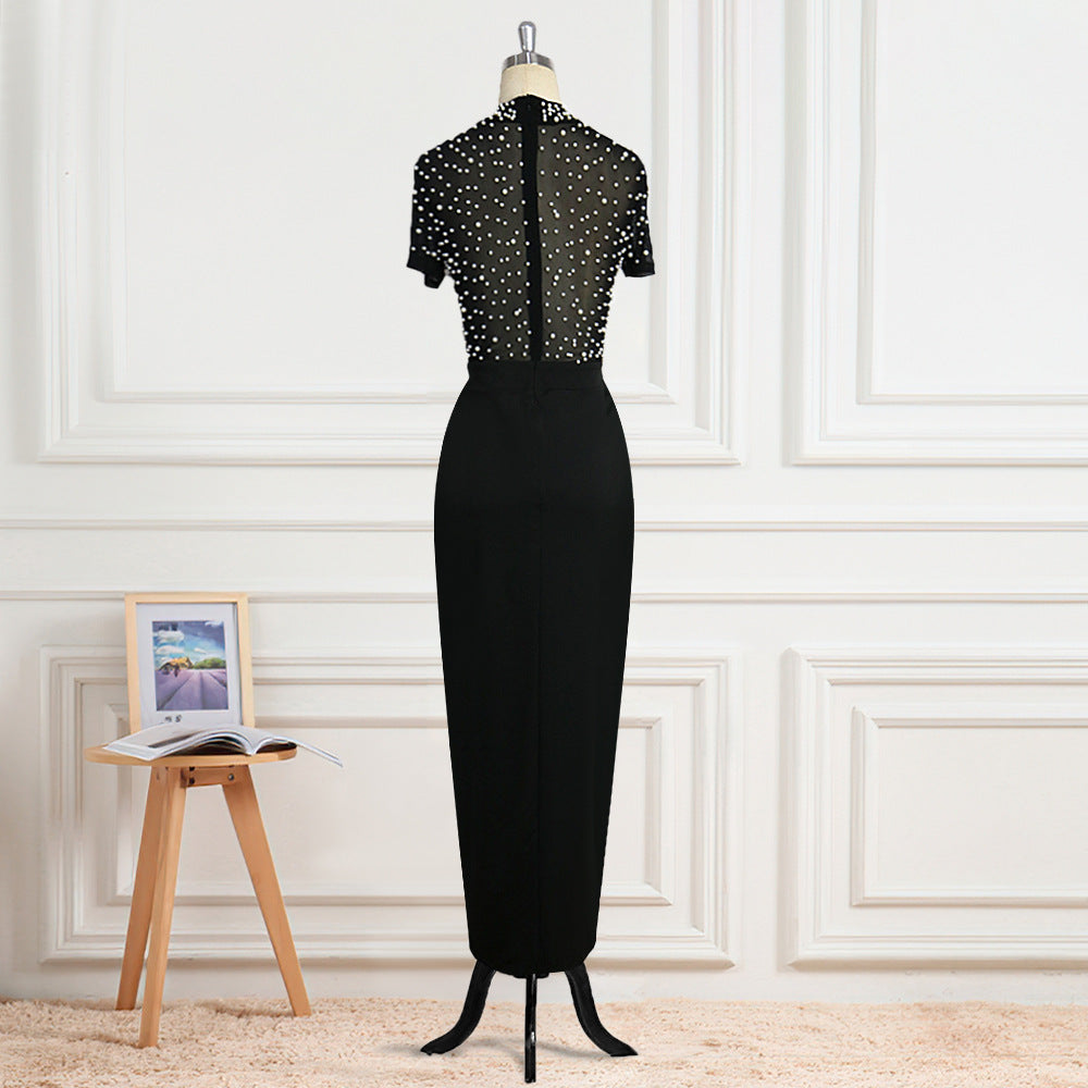 Sheer Organza Beaded Round Neck  Women's Evening Dress