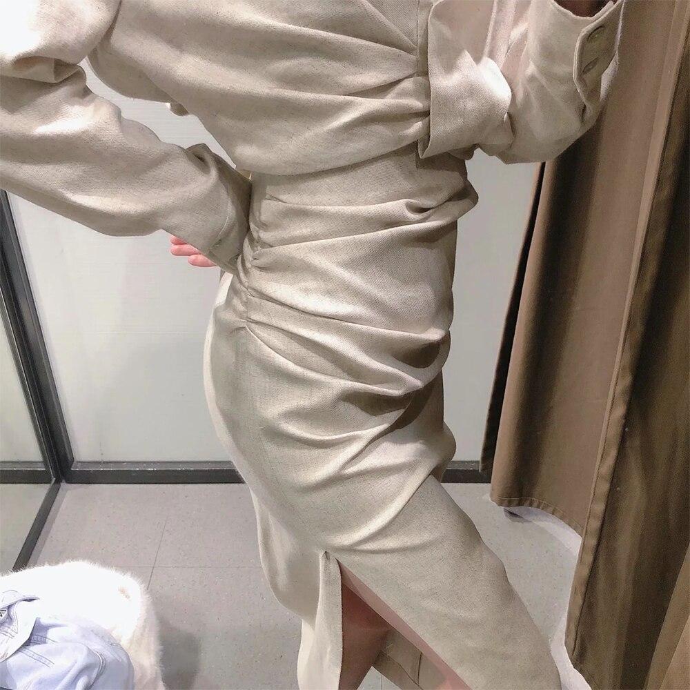 Women Two piece set Linen Blend Cropped Shirt & Draped Skirt Spring