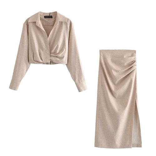Women Two piece set Linen Blend Cropped Shirt & Draped Skirt Spring