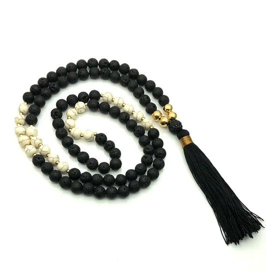 Volcanic Stone 108 Bead Tassel Necklace