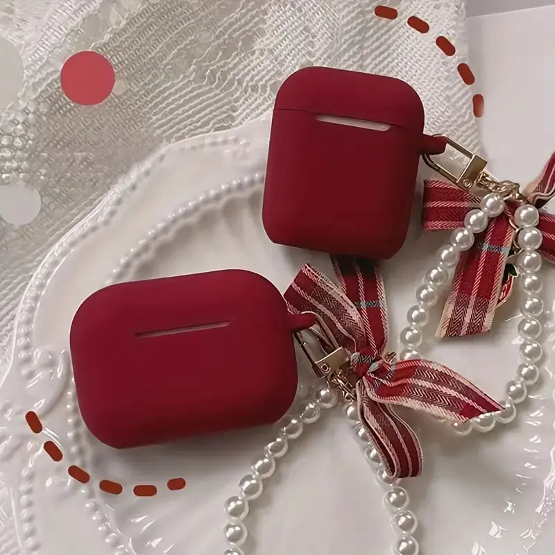 Solid Color Silicone Earphone Case with Pearl Chain