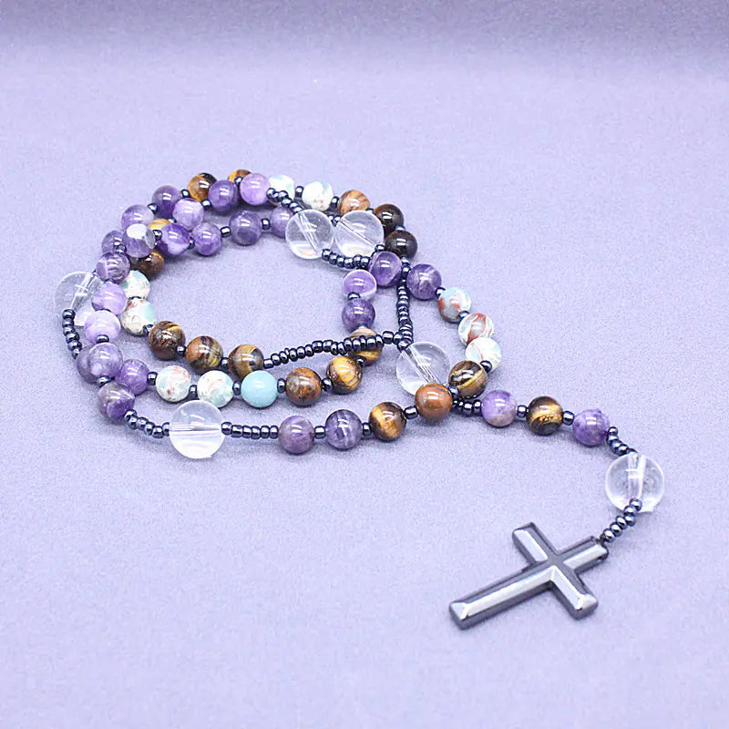 Rosary Necklace with Amethyst and Tiger Eye Stones
