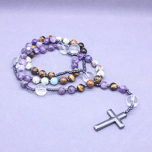Rosary Necklace with Amethyst and Tiger Eye Stones