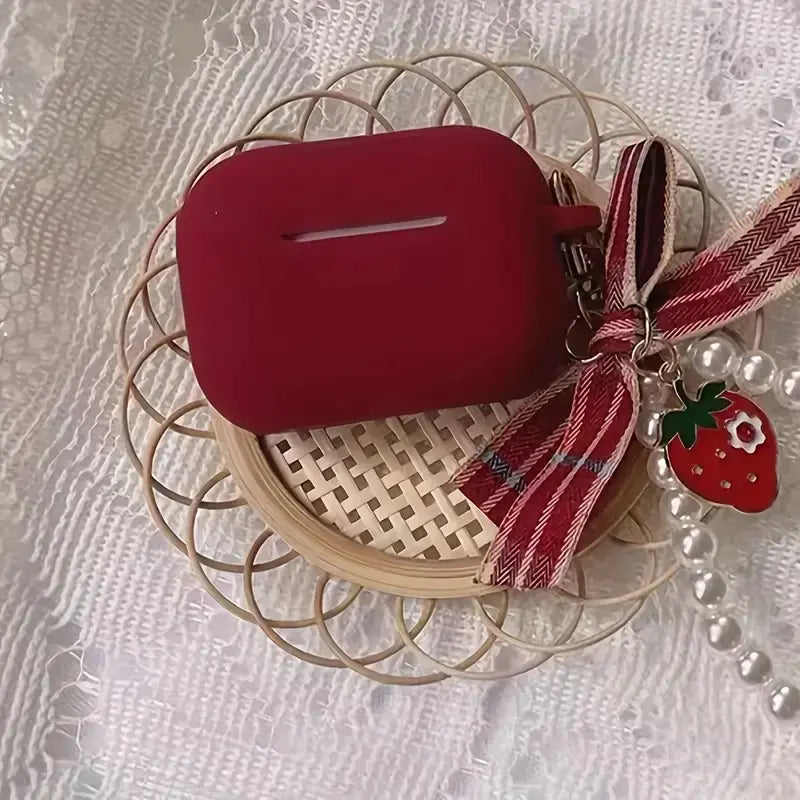 Solid Color Silicone Earphone Case with Pearl Chain