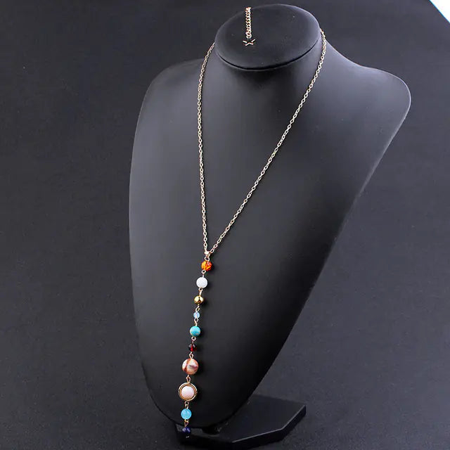 Natural Stone Solar System Necklace with Eight Planets