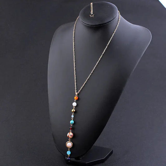 Natural Stone Solar System Necklace with Eight Planets