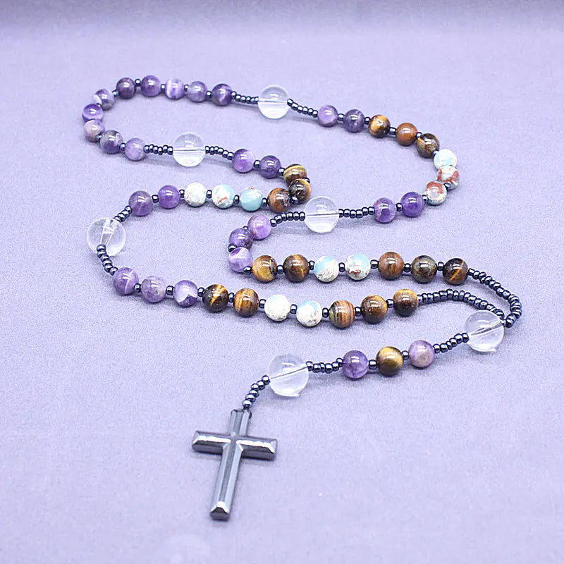 Rosary Necklace with Amethyst and Tiger Eye Stones