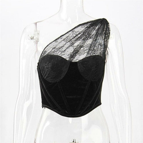 One Shoulder Mesh Crop Top Black Sleeveless Lace See Through Top