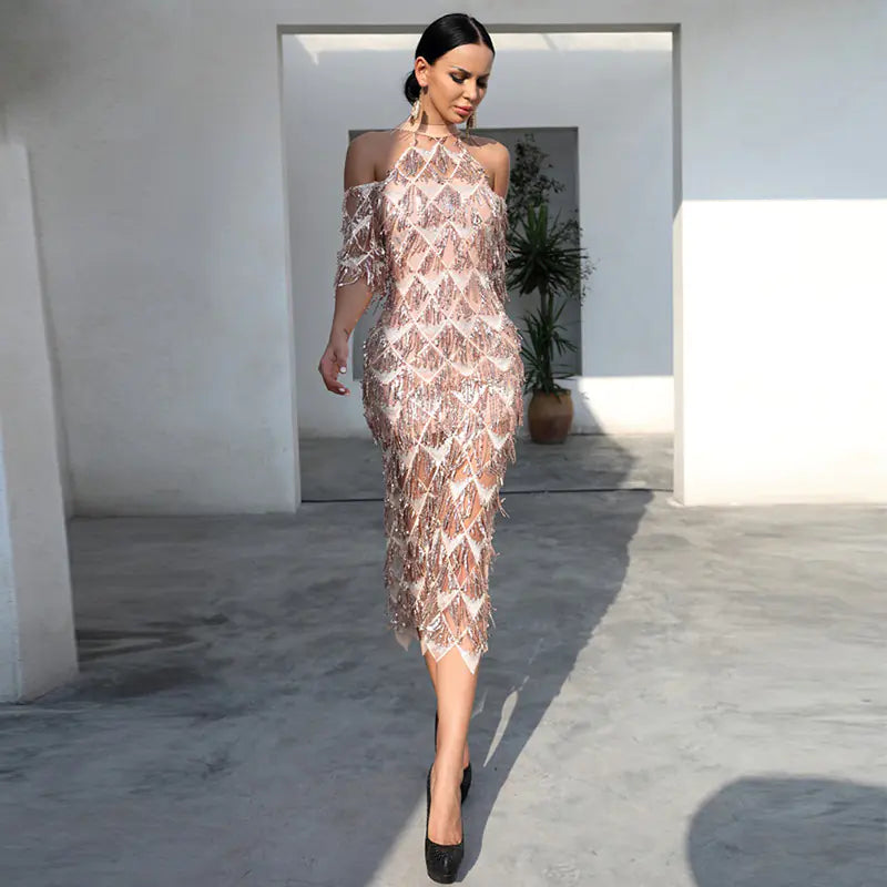 Sequin Tassel Dress - Elegant Off-Shoulder Gown