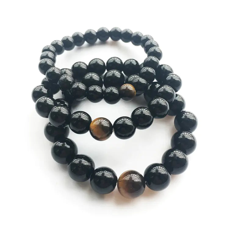 Natural Black Agate and Tiger Eye Beaded Bracelet