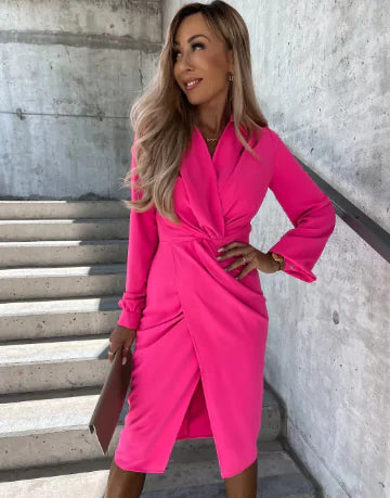 Solid Color Long Sleeve V-neck Slit Hem Dress