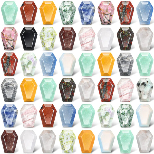 50 Pieces Coffin Shaped Crystal Stones Bulks 0.8 Inch Worry Stones Gemstone Coffin Pocket Carved Stones for Halloween Christmas Witch Craft Supplies Meditation Balancing Jewelry Decor(Classic Colors)