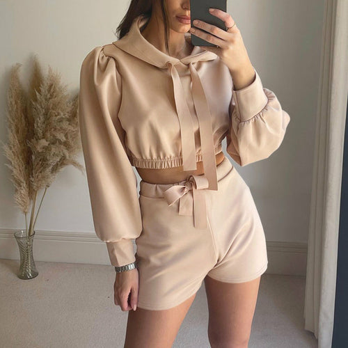 Women Long Sleeve Hooded Sweatshirt And Tie