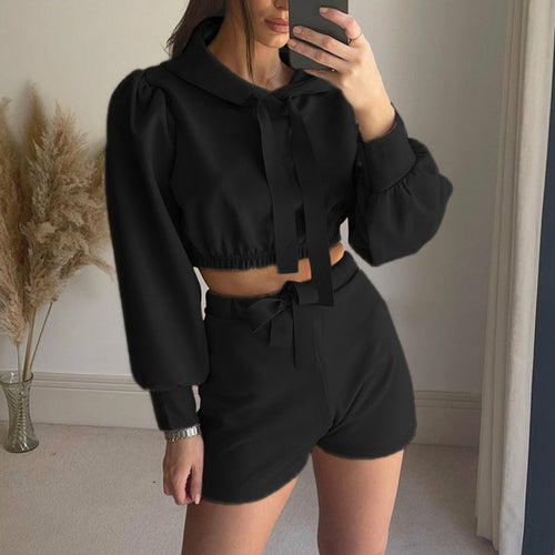 Women Long Sleeve Hooded Sweatshirt And Tie