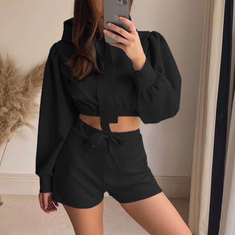 Women Long Sleeve Hooded Sweatshirt And Tie