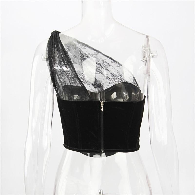 One Shoulder Mesh Crop Top Black Sleeveless Lace See Through Top