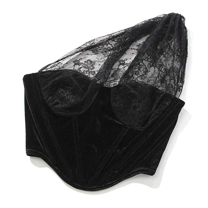 One Shoulder Mesh Crop Top Black Sleeveless Lace See Through Top