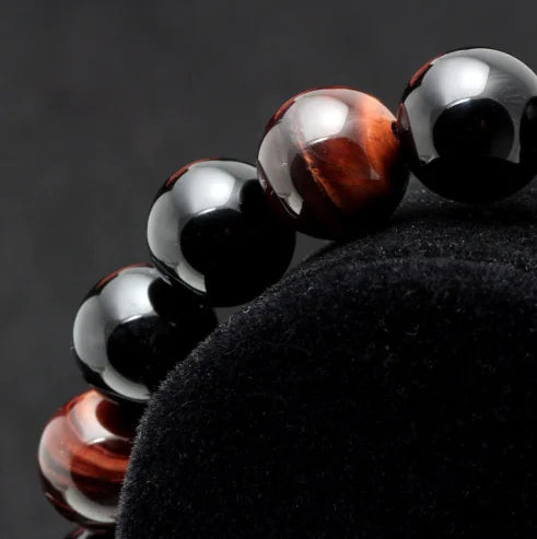 Natural Tiger Eye and Black Agate Beaded Bracelet