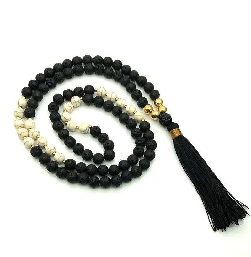 Volcanic Stone 108 Bead Tassel Necklace