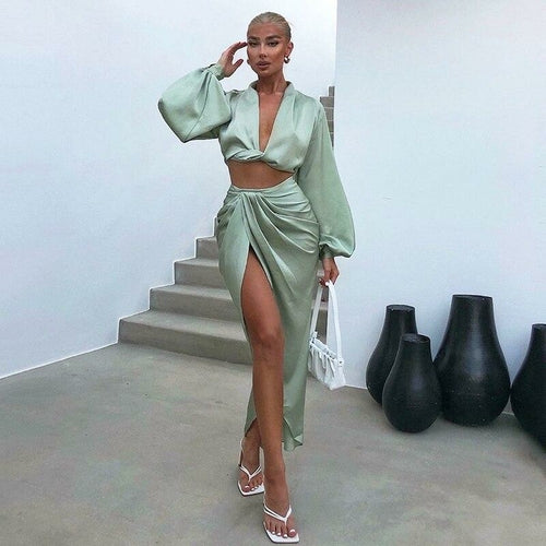 Satin Women Long Lantern Sleeve Crop Top High Split Long Skirt