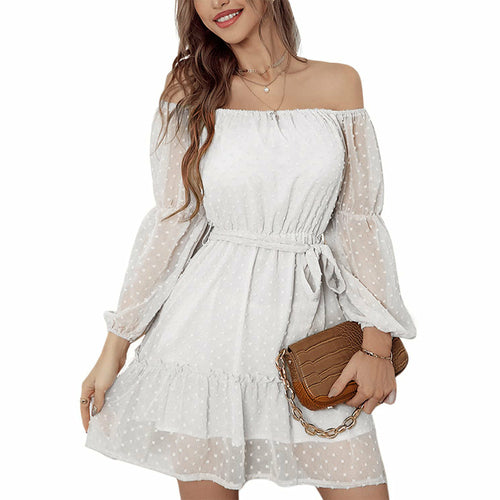 Off-the-shoulder Chiffon Dress with Long Sleeve Lining and Belt