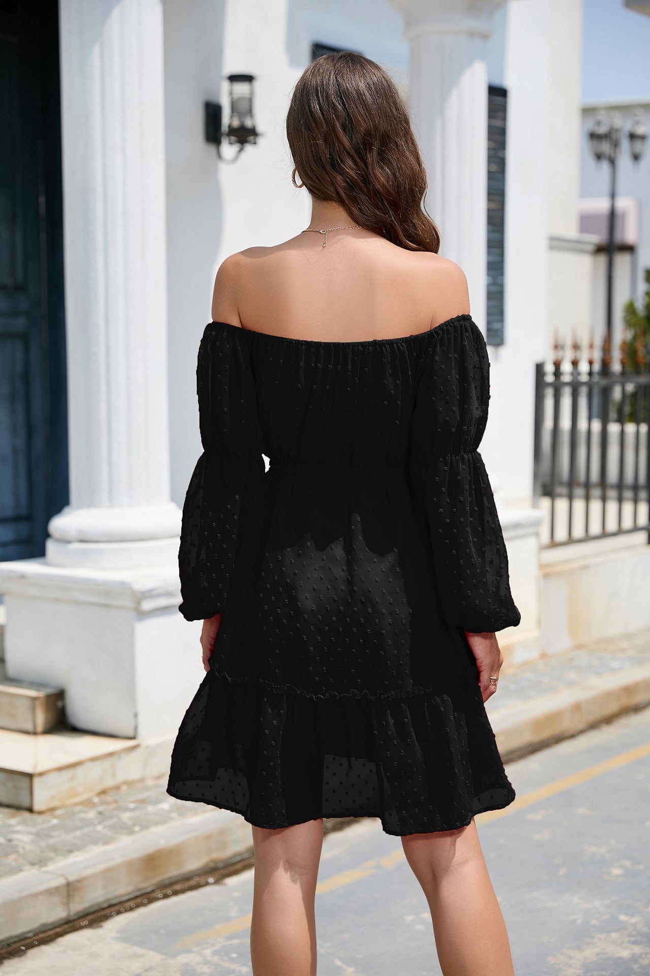 Off-the-shoulder Chiffon Dress with Long Sleeve Lining and Belt