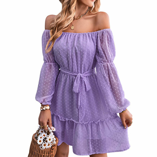 Off-the-shoulder Chiffon Dress with Long Sleeve Lining and Belt