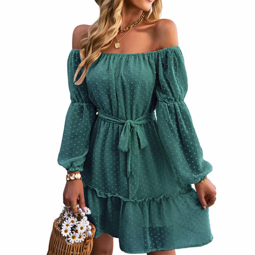 Off-the-shoulder Chiffon Dress with Long Sleeve Lining and Belt