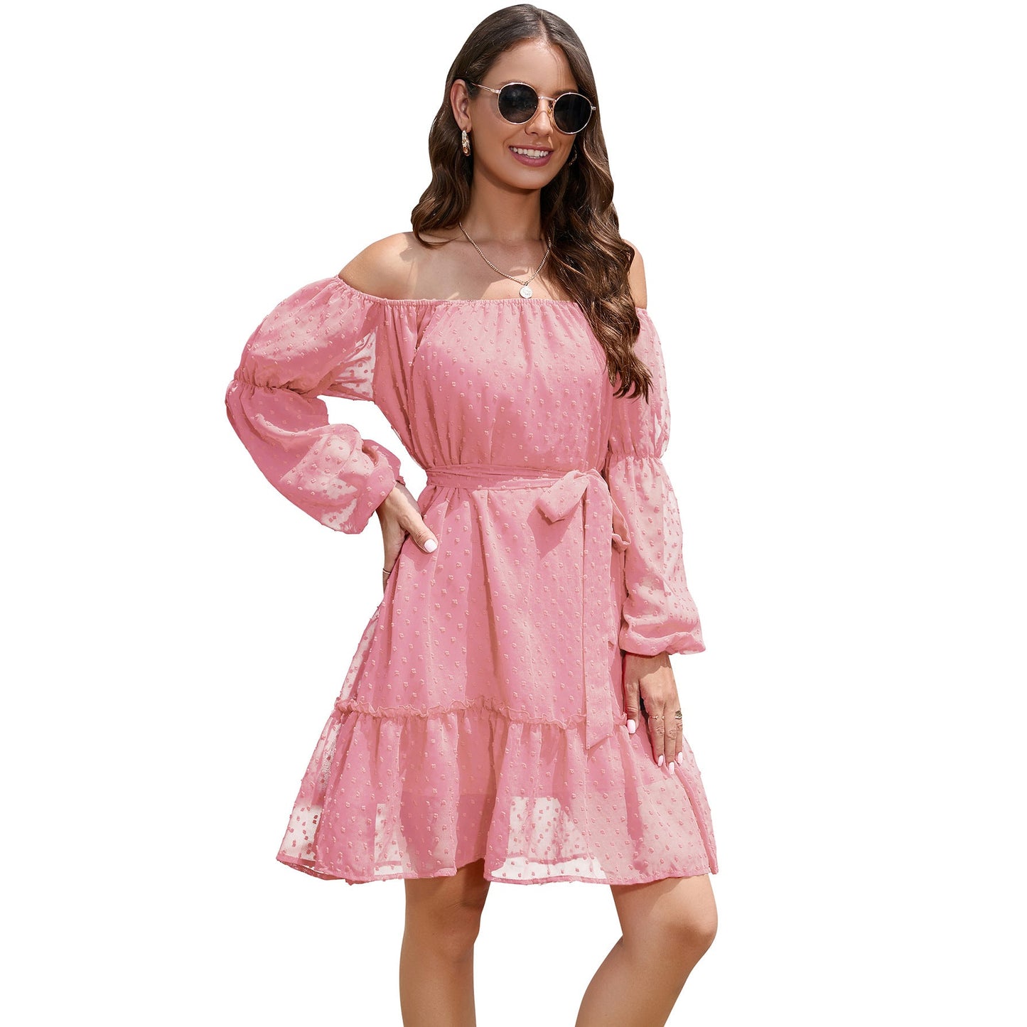 Off-the-shoulder Chiffon Dress with Long Sleeve Lining and Belt