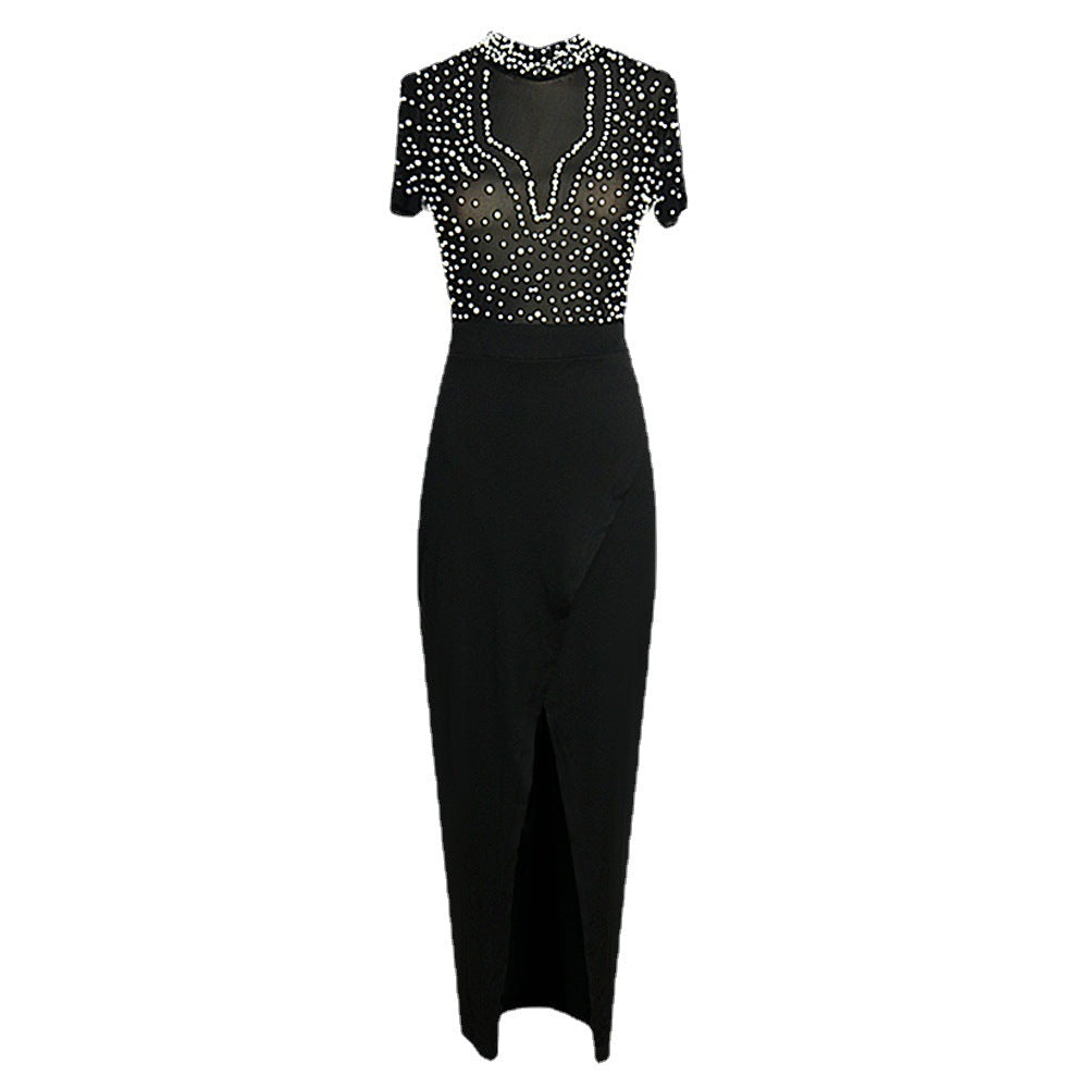 Sheer Organza Beaded Round Neck  Women's Evening Dress