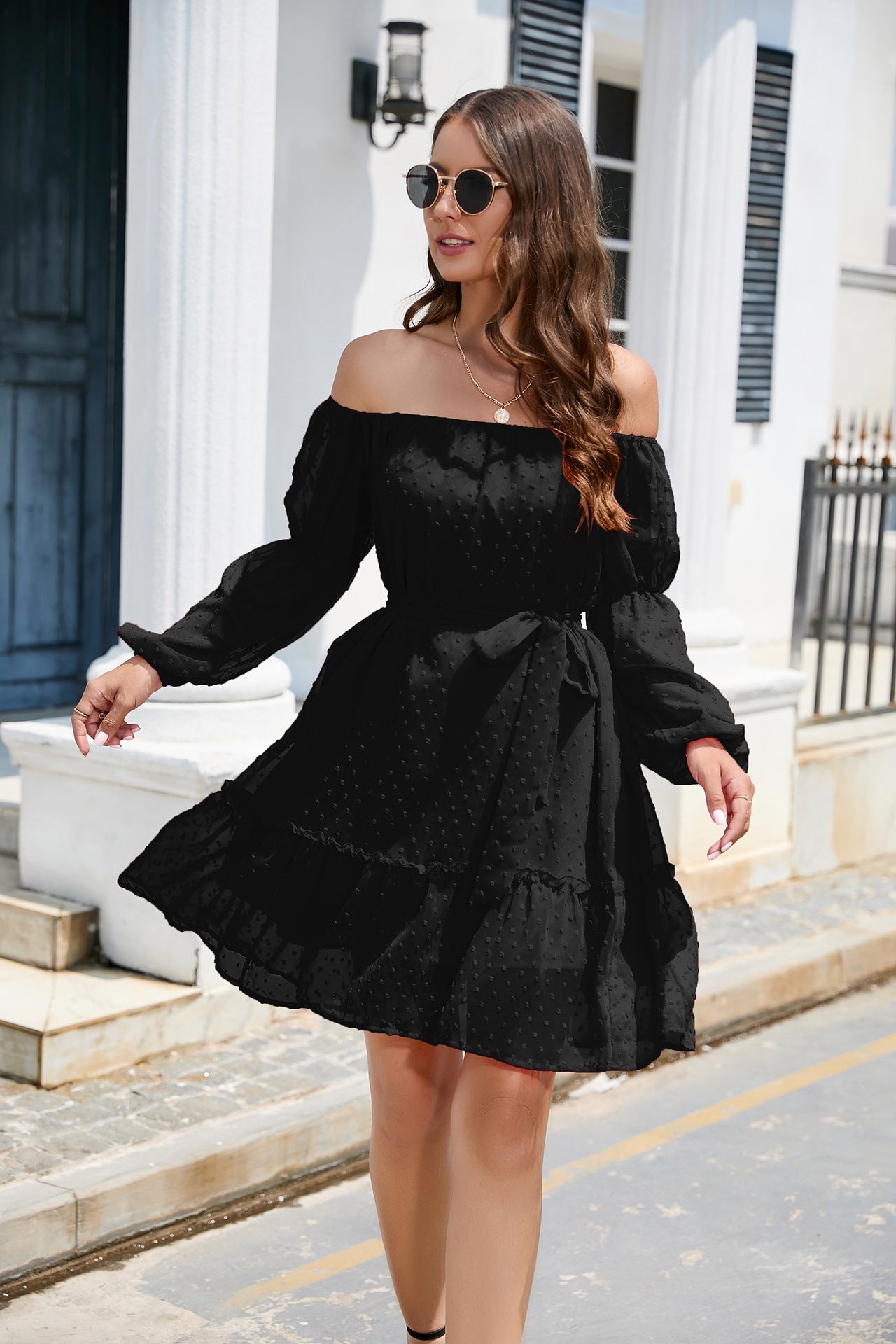 Off-the-shoulder Chiffon Dress with Long Sleeve Lining and Belt