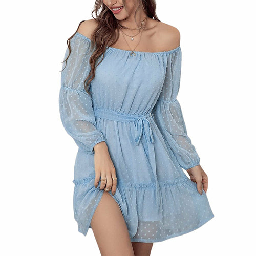 Off-the-shoulder Chiffon Dress with Long Sleeve Lining and Belt