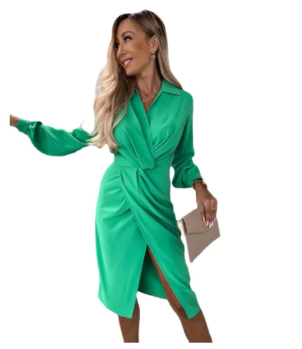 Solid Color Long Sleeve V-neck Slit Hem Dress