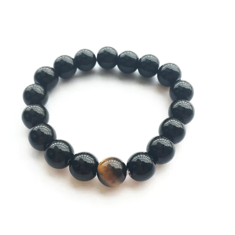 Natural Black Agate and Tiger Eye Beaded Bracelet