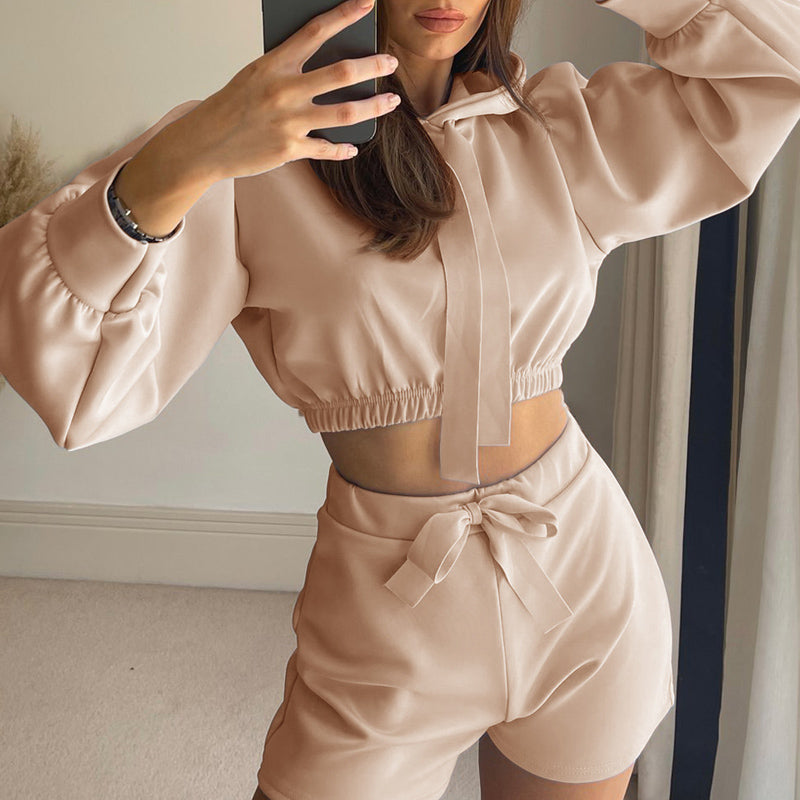 Women Long Sleeve Hooded Sweatshirt And Tie