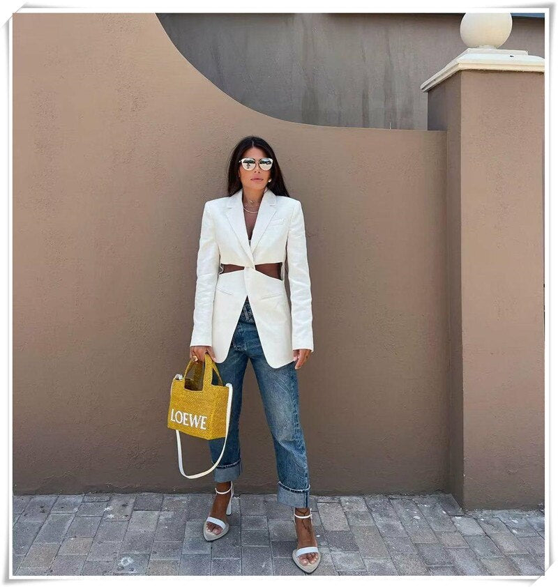 Solid Cross Hollow Out Waist Blazer Dress