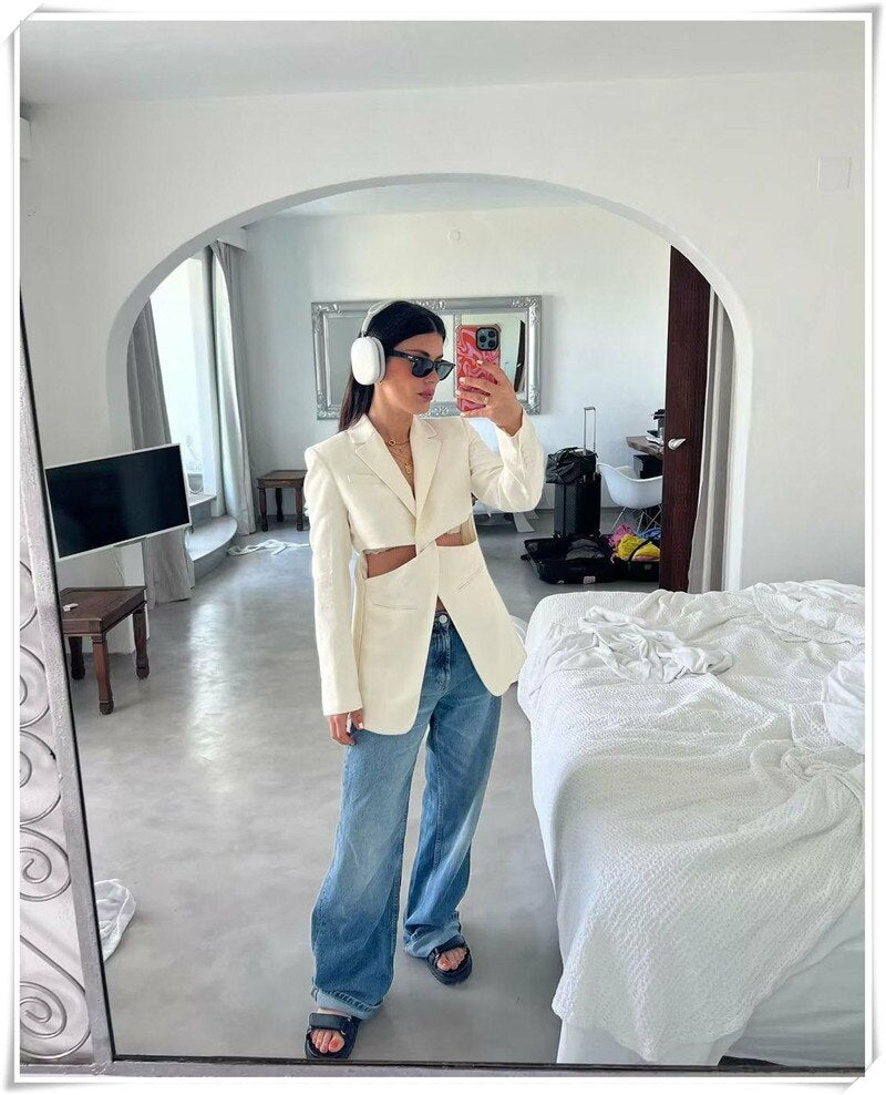 Solid Cross Hollow Out Waist Blazer Dress