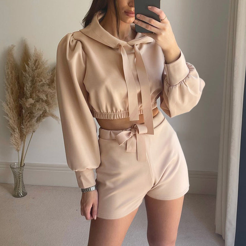 Women Long Sleeve Hooded Sweatshirt And Tie