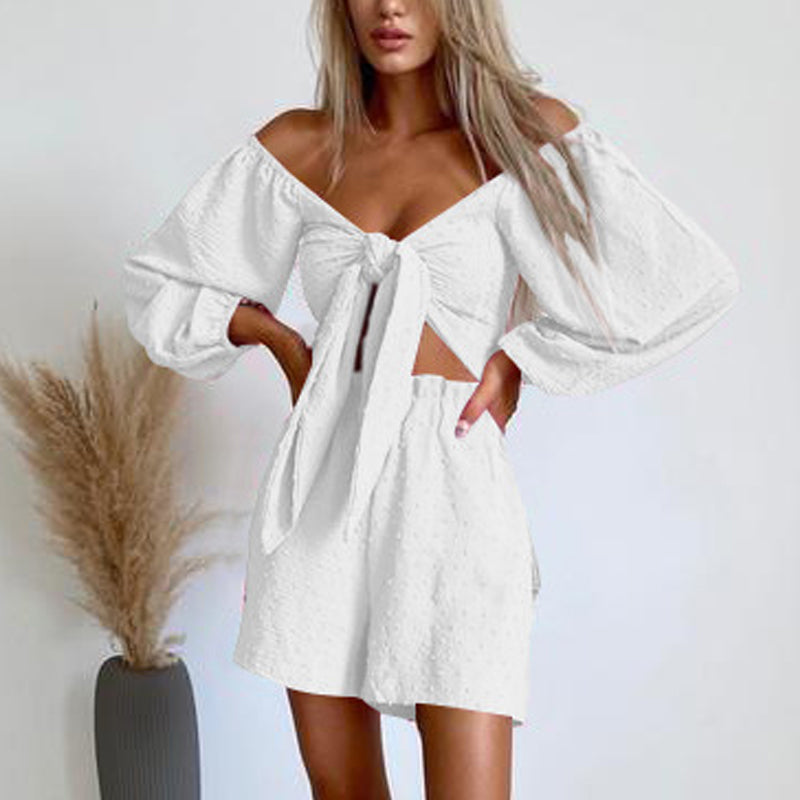 Long Sleeve Bowknot Crop Top & Short