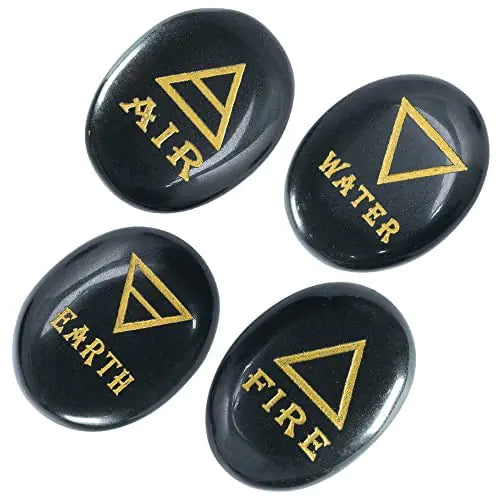 Crocon 4 Elements Black Tourmaline Stones Engraved Triangle Symbols (Earth Air Fire Water) Polished Palm Stones for Gemstone Reiki Crystals Healing