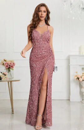 Long Sequin Evening Dress with Side Slit (One Piece)