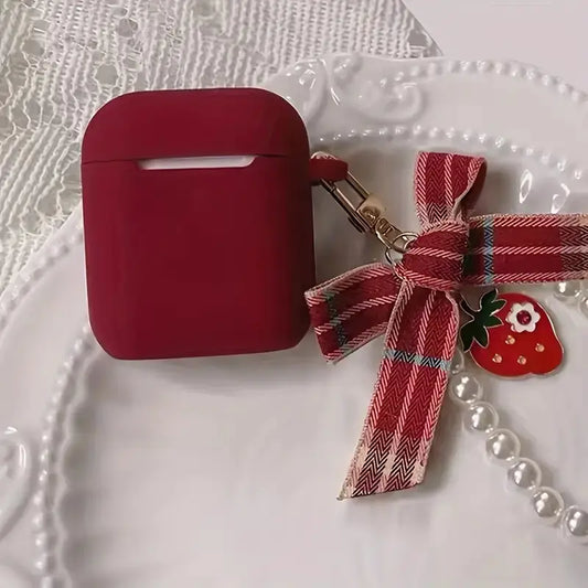 Solid Color Silicone Earphone Case with Pearl Chain