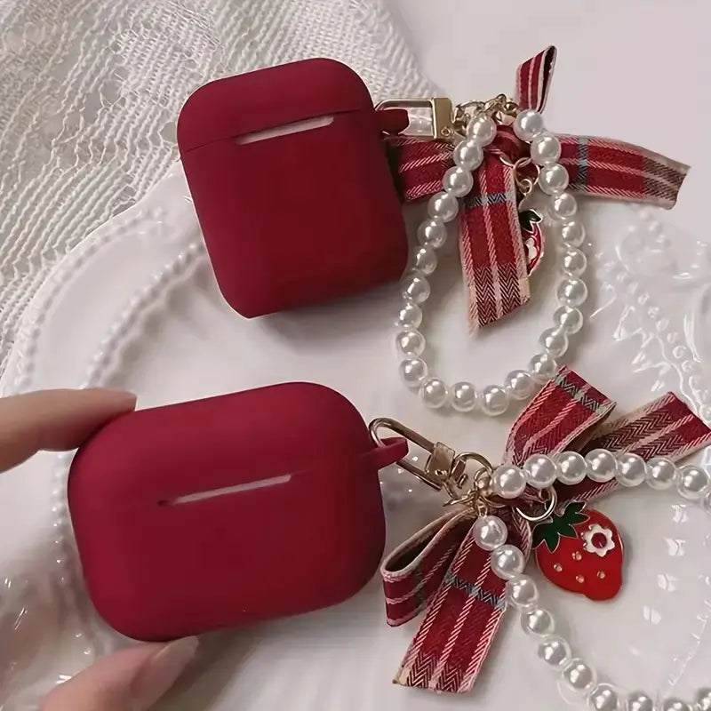 Solid Color Silicone Earphone Case with Pearl Chain