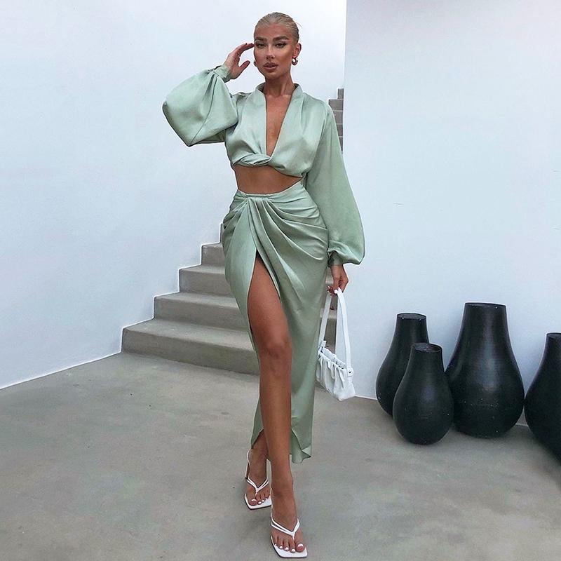 Satin Women Long Lantern Sleeve Crop Top High Split Long Skirt