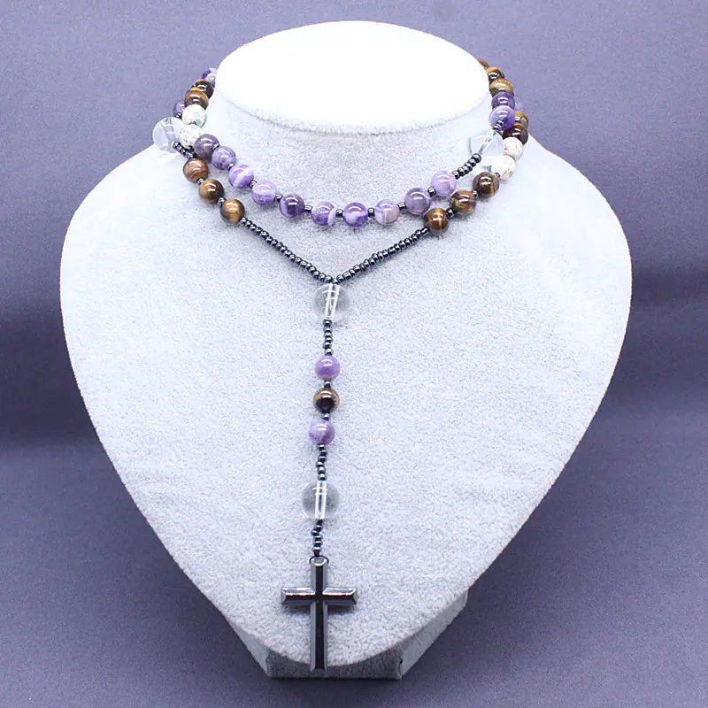 Rosary Necklace with Amethyst and Tiger Eye Stones