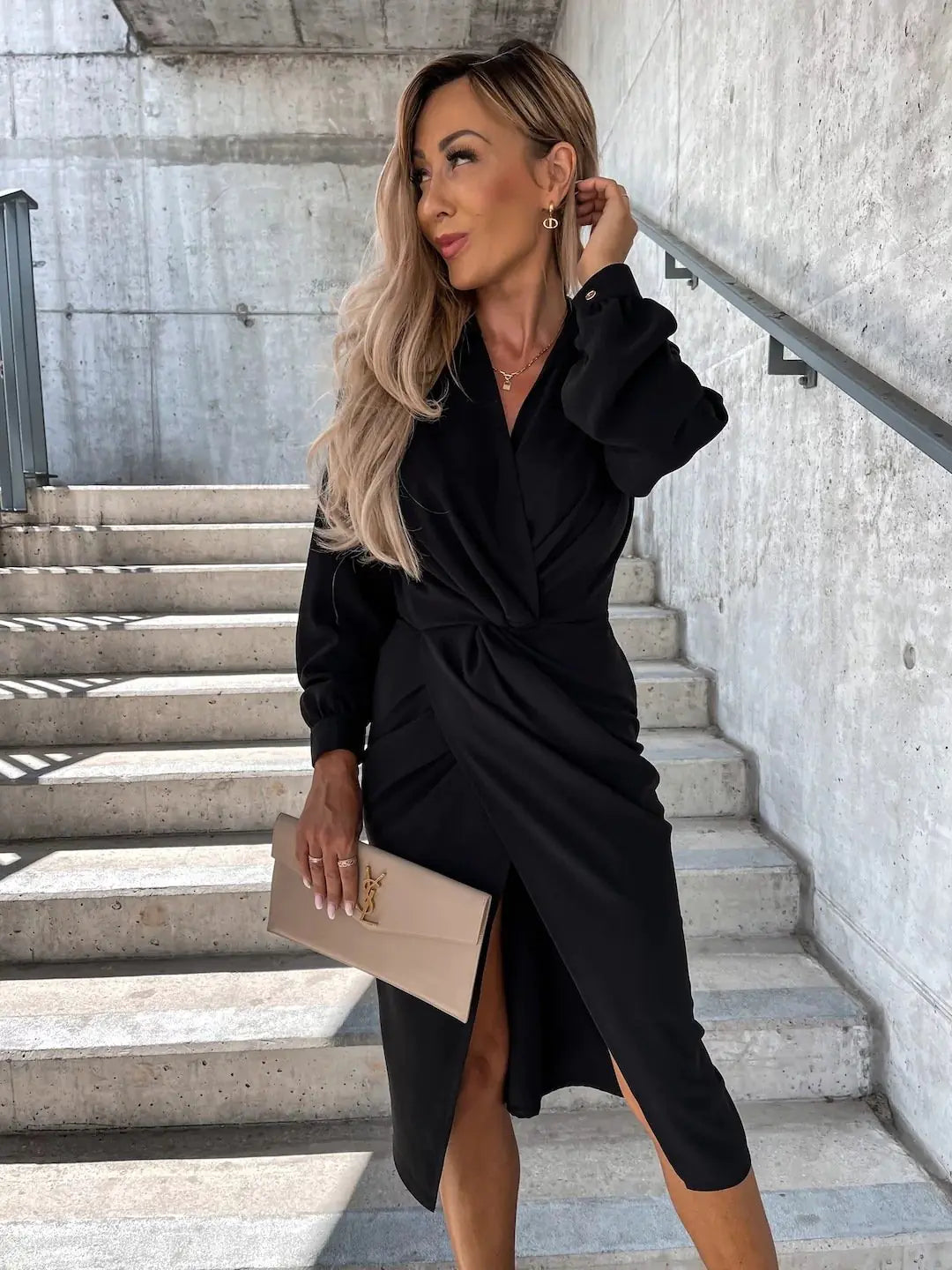 Solid Color Long Sleeve V-neck Slit Hem Dress