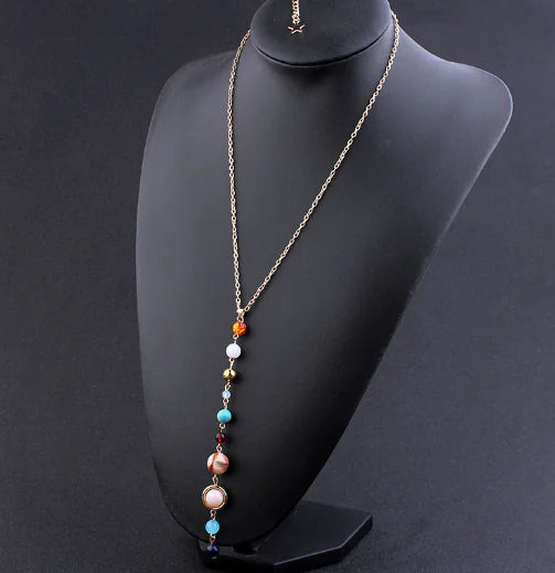 Natural Stone Solar System Necklace with Eight Planets