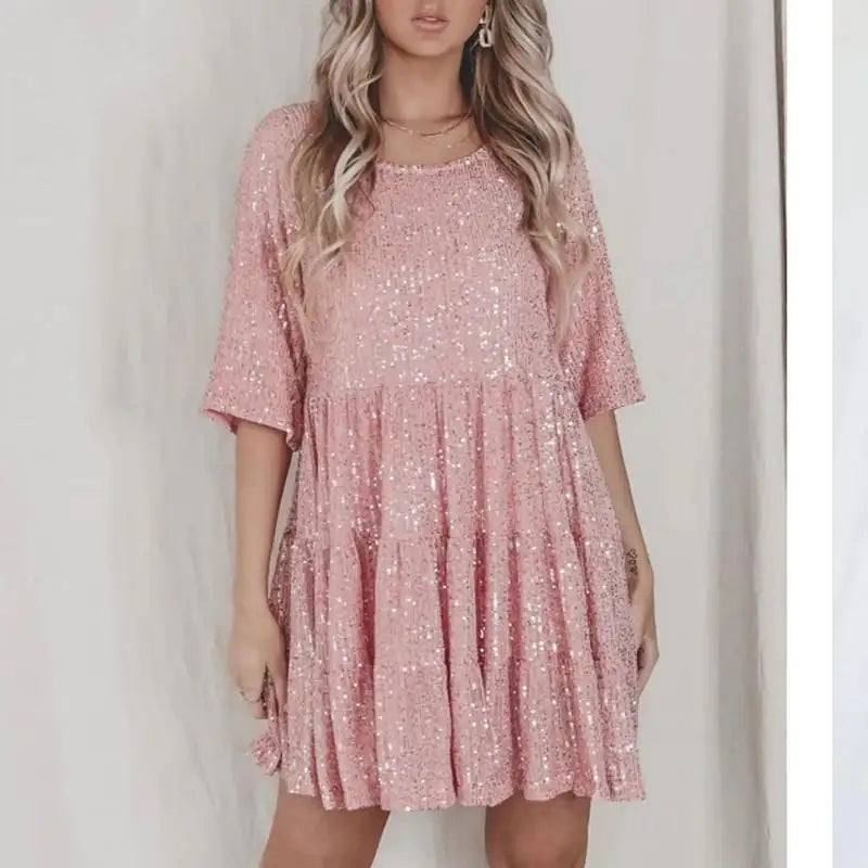 Women's Sequined Round Neck Loose Fit Short Sleeve Dress